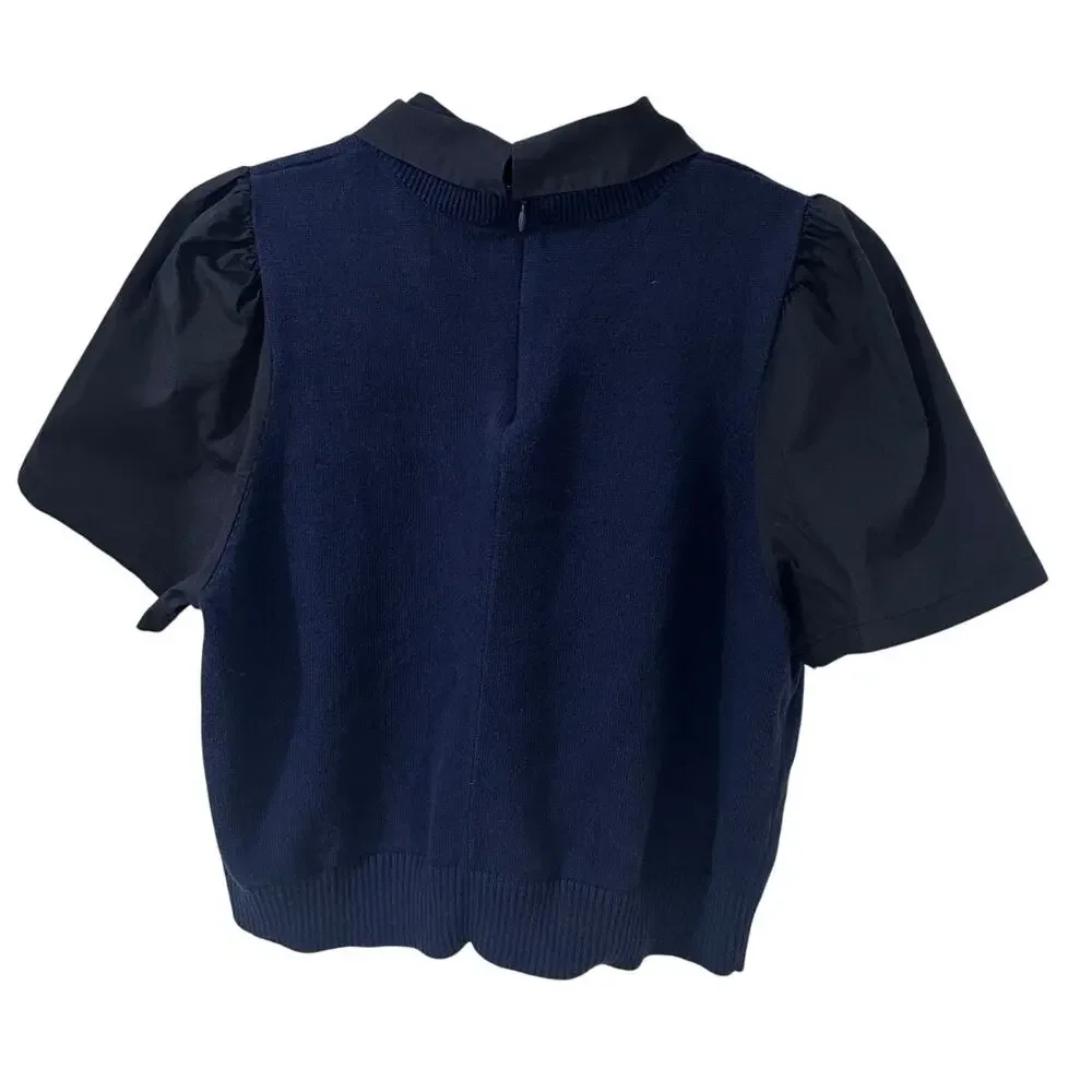 STAUD Arya Layered Mixed-Media Sweater Top Navy Knit Puff Sleeve L EUC